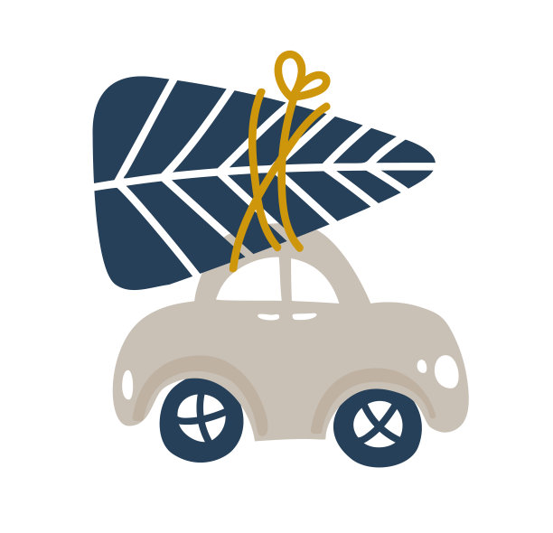 婴儿矢量手绘汽车与圣诞树在白色孤立的背景。斯堪的纳维亚可爱的插画为孩子设计纺织品，贺卡，节日海报图片下载