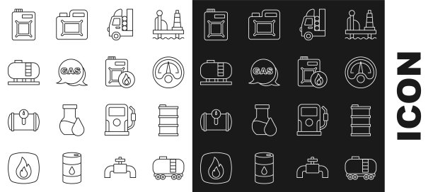 设置线油铁路水箱，桶油，汽车汽油表，汽车油箱，位置和车站，储存，罐体电机和图标。向量图片下载