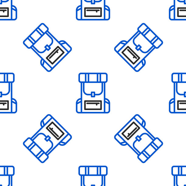 行徒步旅行背包图标孤立无缝图案白色背景。野营和登山探索背包。色彩斑斓的轮廓的概念。向量图片下载