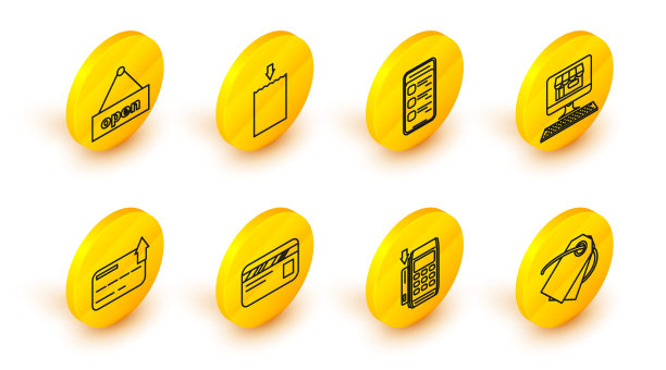 设置行空白标签模板价格标签，信用，购物大楼屏幕电脑，网上购物手机，纸袋和悬挂标志文字开门图标。向量图片下载