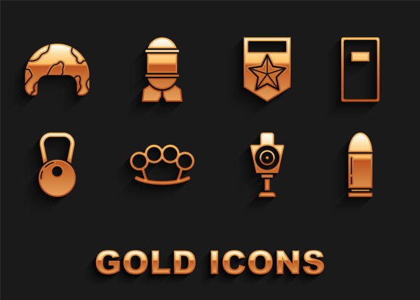设置铜关节，警察攻击盾牌，子弹，射击的人类目标运动，壶铃，雪佛龙，军事头盔和航空炸弹图标。向量图片下载