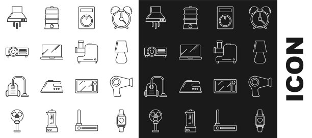 设置线智能手表显示心跳率，电吹风，台灯，遥控器，笔记本电脑，厨房排气扇和绞肉机图标。向量图片下载