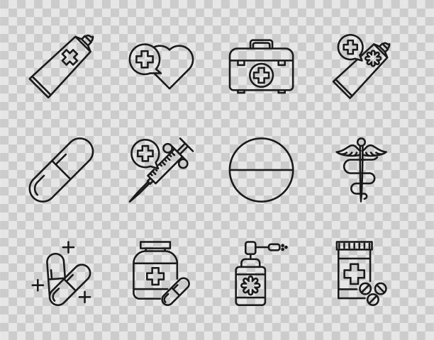 设置线药丸或片剂、药瓶和丸剂、急救箱、药膏膏管、带针医用注射器、喷雾器喷嘴和蛇鞭医学符号图标。向量图片下载