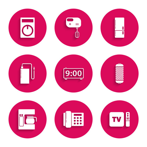 设置数字闹钟，电话，电视盒接收器和播放器的遥控器，立体声扬声器，咖啡机玻璃壶，电源银行不同的充电电缆，冰箱和遥控器图标。向量图片下载