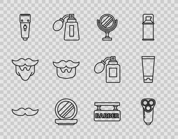 设定线胡子，电动剃须刀刀片，圆形化妆镜，化妆粉与，电动理发剃须刀，和胡子，理发店和霜霜化妆品管图标。向量图片下载