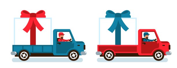 卡车载着带有红色蝴蝶结的大礼品盒图片下载