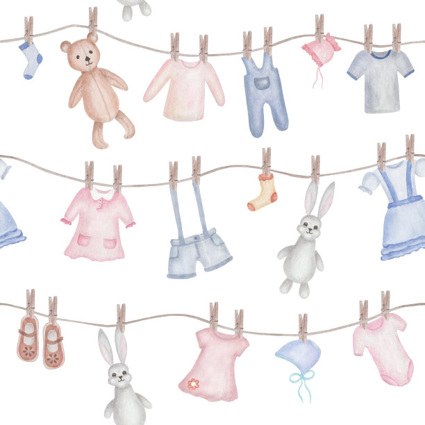 水彩无缝图案从手绘插图泰迪熊，兔兔，男孩，女孩的衣服，连衣裙，短裤，t恤，爬虫，帽子在白色的背景。纺织品设计印花图片下载