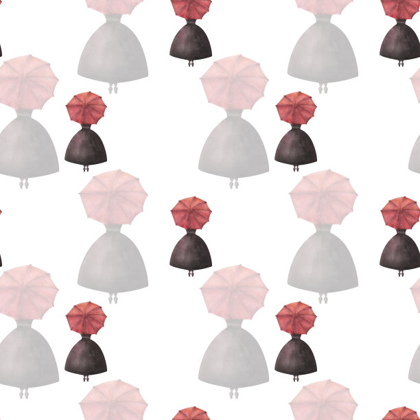 水彩无缝图案从手绘插图的女人在黑色连衣裙与开放的红色伞，长裙，站立或行走。印刷在白色的背景设计卡片，时装纺织品图片下载
