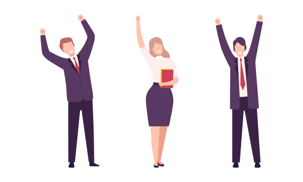 快乐微笑的办公室工作人员举起手欢呼的目标成就向量集图片下载