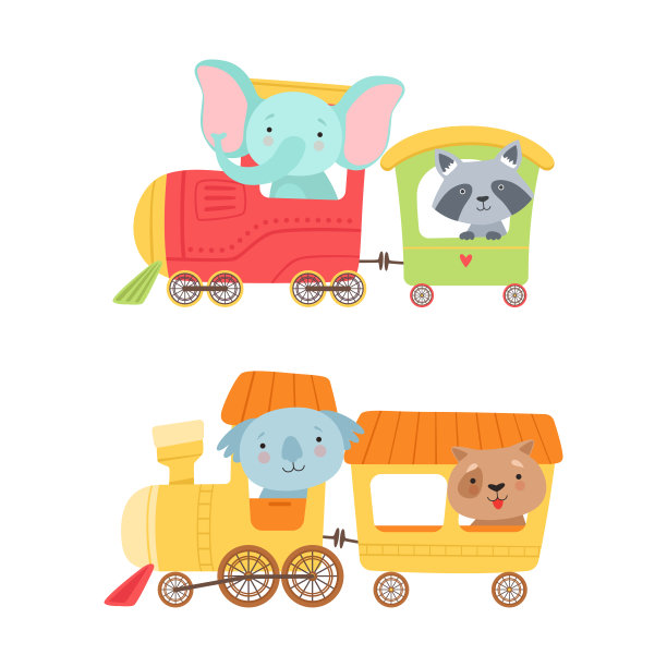 有趣的动物骑蒸汽火车有冒险向量集图片下载
