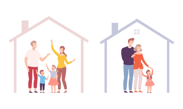 父亲、母亲和小孩子在屋檐下受保护的幸福家庭矢量素材图片下载