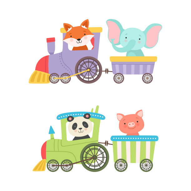 有趣的动物骑蒸汽火车有冒险向量集图片下载