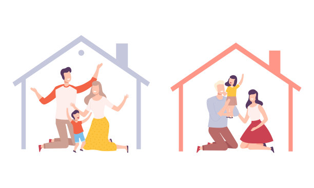 父亲、母亲和小孩子在屋檐下受保护的幸福家庭矢量素材图片下载