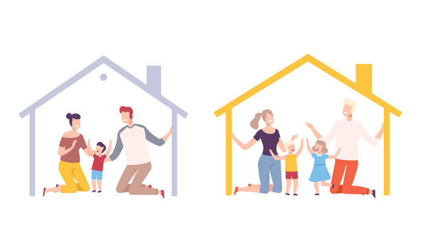 父亲、母亲和小孩子在屋檐下受保护的幸福家庭矢量素材图片下载