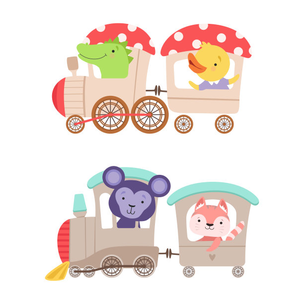 有趣的动物骑蒸汽火车有冒险向量集图片下载