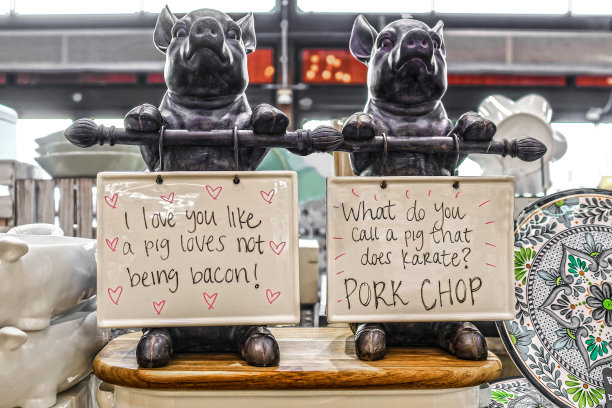 铸铁猪招牌展示-熏肉和猪排-幽默-厨房用具图片下载