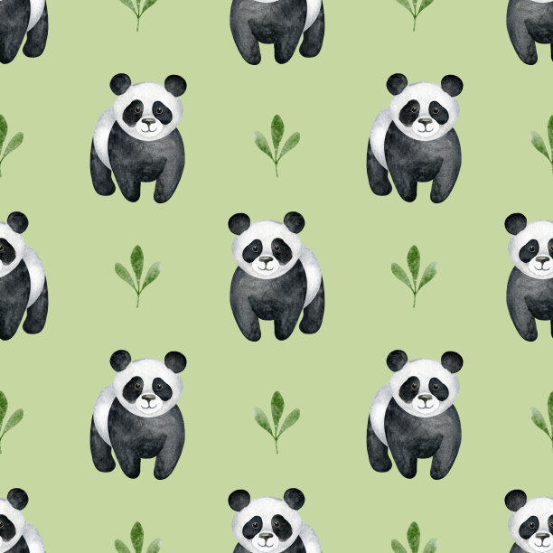 水彩熊猫和树叶在绿色背景:无缝图案图片下载
