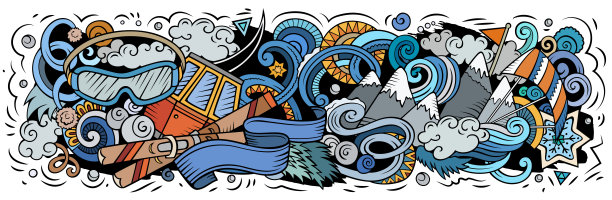 滑雪胜地手绘卡通涂鸦插图。图片下载