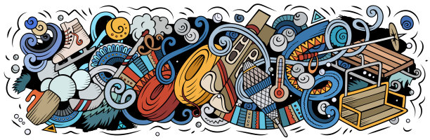 滑雪胜地手绘卡通涂鸦插图。图片下载