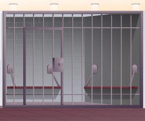 监狱铁栅栏带门，罪犯被捕后牢房内有3d长凳图片下载