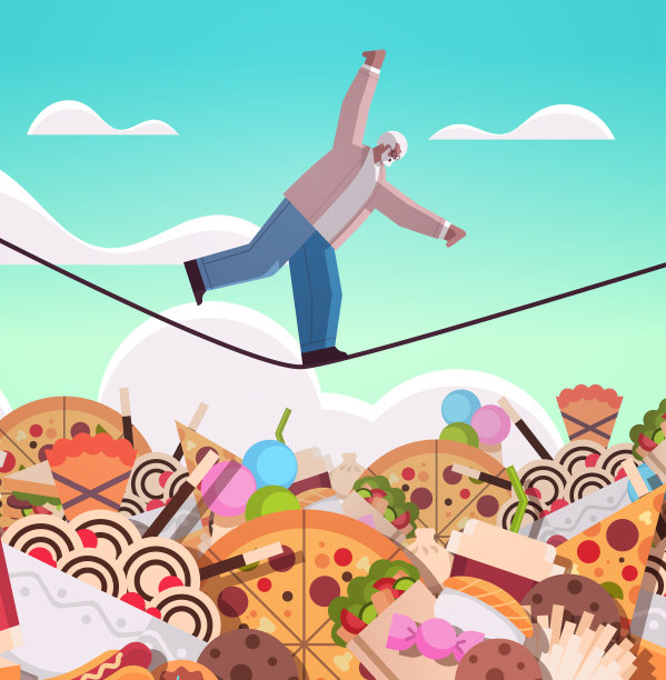 高级男子在绳子上面平衡垃圾食品分类快餐不健康营养垃圾食品成瘾概念垂直全长矢量插图图片下载