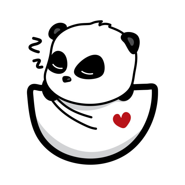 向量宝宝可爱的熊猫卡通睡在一个小口袋里，打鼾的熊猫，小心形的口袋，孤立的物体在白色的背景图片下载