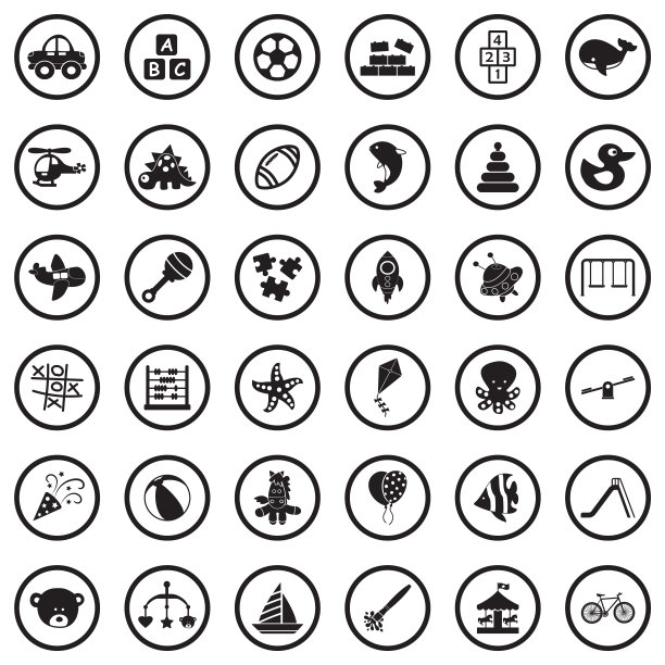 玩具和有趣的图标。圆形黑色平面设计。矢量插图。图片下载