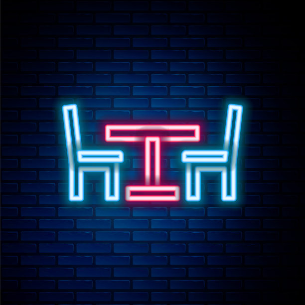 发光的霓虹灯线木桌椅子图标孤立在砖墙背景。街头咖啡馆。色彩斑斓的轮廓的概念。向量图片下载