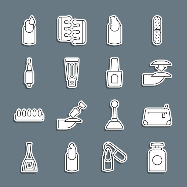 套装线手霜管，化妆袋，假指甲，断指甲，指甲铣刀，指甲和瓶子抛光图标。向量图片下载