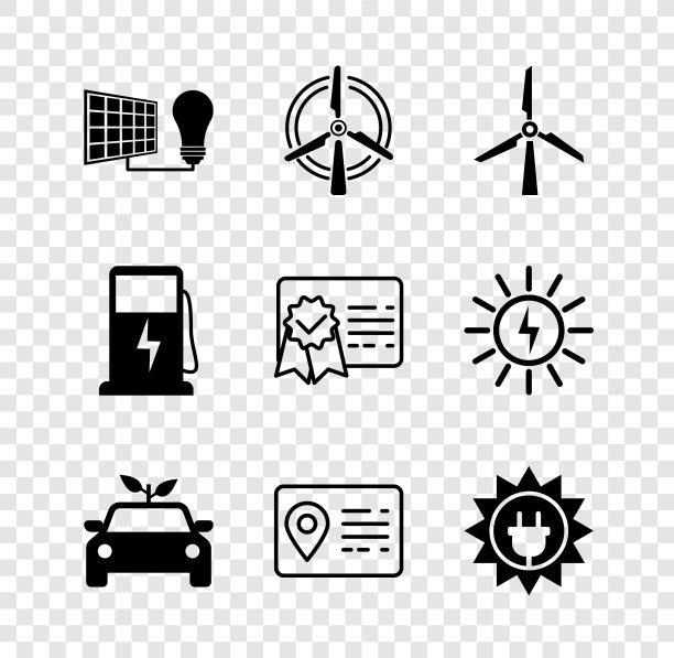 设置太阳能电池板和灯泡，旋转风力涡轮机，风能，生态汽车概念驱动，地址簿，充电站和证书模板图标。向量图片下载