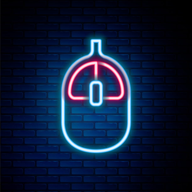 发光的霓虹灯线电脑鼠标图标孤立在砖墙背景。光学与车轮符号。色彩斑斓的轮廓的概念。向量图片下载
