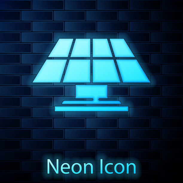 发光霓虹灯太阳能面板图标孤立在砖墙背景。向量图片下载