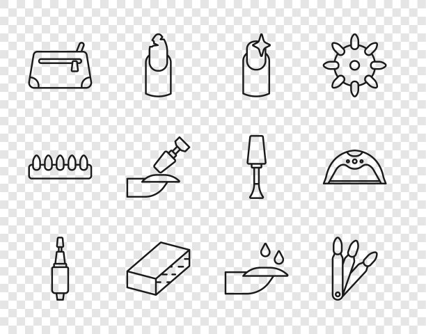 设置线铣刀修指甲，假指甲，指甲，文件，化妆品袋，和修指甲灯图标。向量图片下载