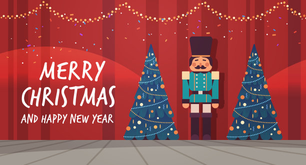 сhristmas胡桃夹子木制士兵站在冷杉树新年假期庆祝字母贺卡水平矢量插图图片下载