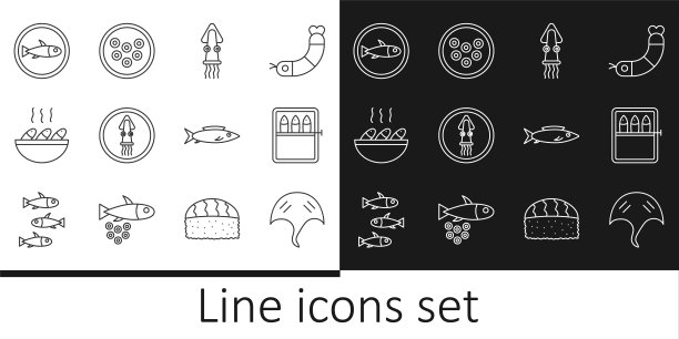 设置线黄貂鱼，罐头鱼，章鱼，在盘子上，鱼汤，服务，和鱼子酱图标。向量图片下载
