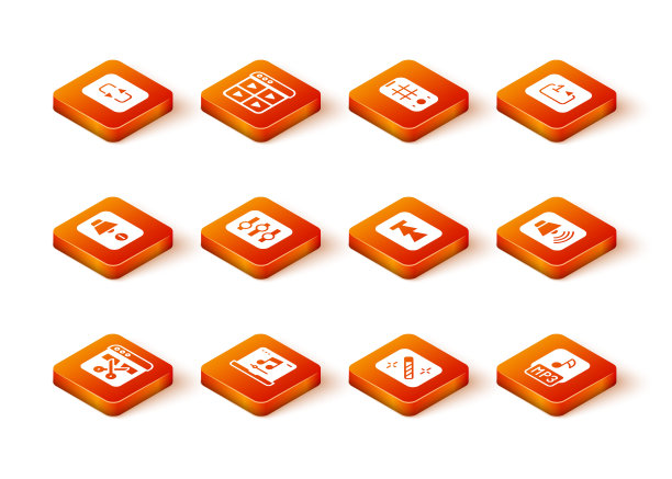 设置录像机或编辑器，笔记本电脑与音乐，扬声器静音，声音混音控制器，照片修饰，倒带按钮，MP3文件和音量图标。向量图片下载