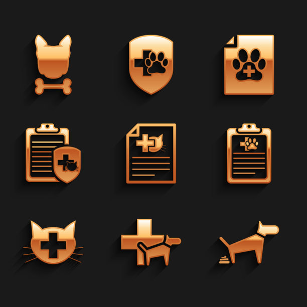 设置狗或猫的医疗证明，兽医诊所，狗排便，临床记录宠物，图标。向量图片下载