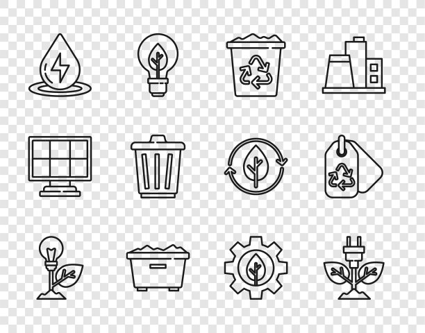 设置线叶片灯泡，电节电插头，回收站回收，垃圾桶，水能，叶片植物齿轮机和标签图标。向量图片下载