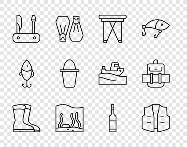 钓鱼靴，夹克，折叠椅，水族馆，瑞士军刀，水桶，伏特加酒瓶和徒步背包图标。向量图片下载