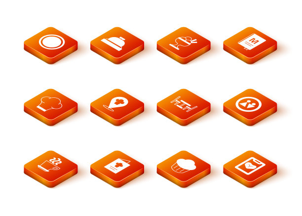 设置咖啡杯，烹饪书，厨师帽，位置，纸杯蛋糕，木制桌椅，餐厅咖啡菜单和厕所图标。向量图片下载