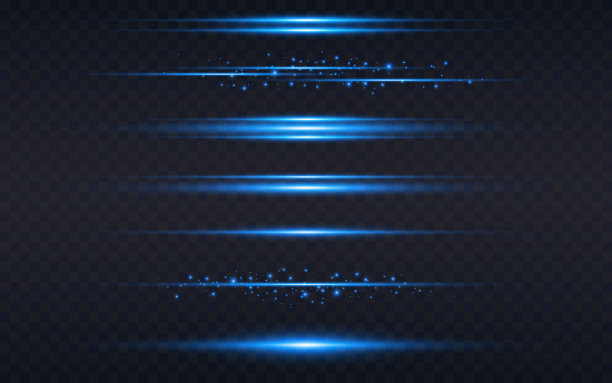 光行。蓝色水平灯设置。带有粒子的氖发光元素。明亮的激光束在黑暗的背景上。彩色字符串集合。矢量图图片下载