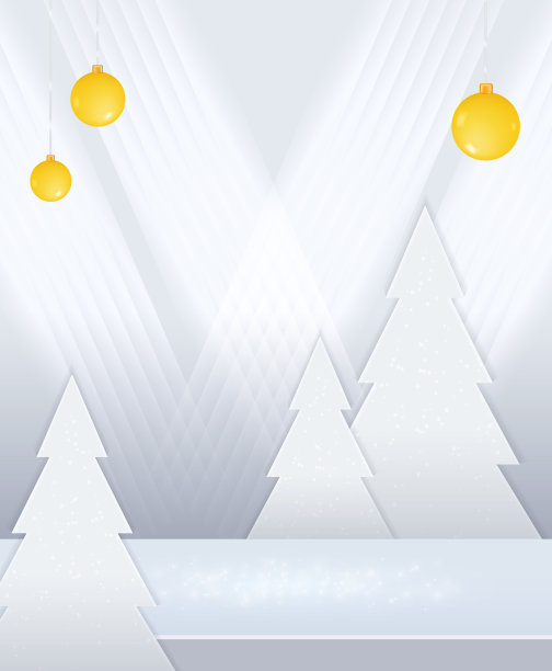 向量舞台白色圣诞霓虹背景挂黄球和创意树图片下载