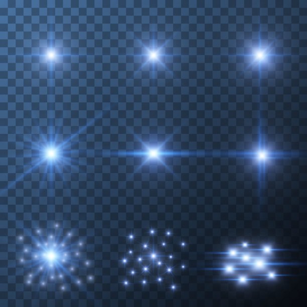 一组星星和闪耀的光孤立在透明的背景。辉光蓝光效应图片下载
