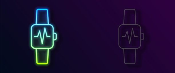 发光的霓虹灯线智能手表显示心跳率图标孤立的黑色背景。健身应用程序的概念。向量图片下载