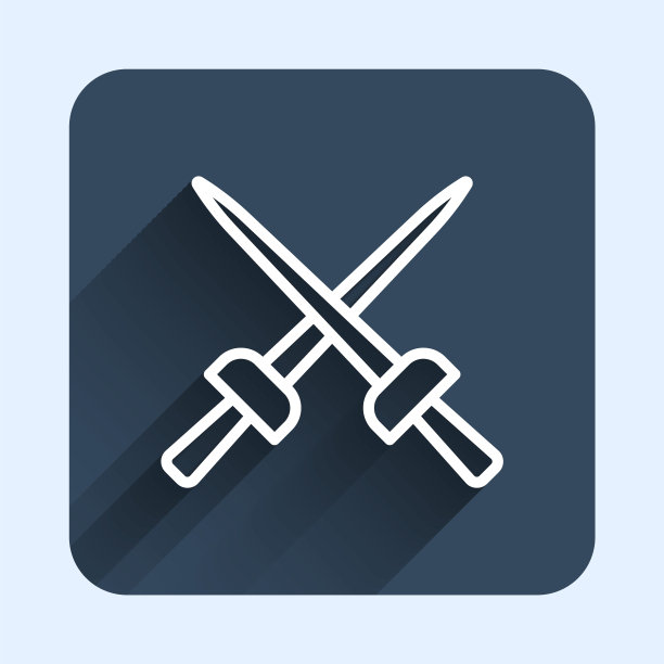 白色线击剑图标孤立与长阴影背景。运动设备。蓝色方块按钮。向量图片下载