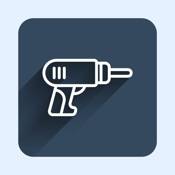 白线电钻图标孤立与长阴影背景。修复工具。蓝色方块按钮。向量图片下载