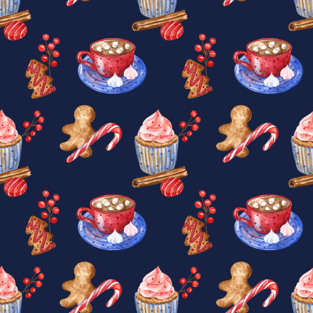 节日的圣诞图案与姜饼饼干，杯热巧克力与棉花糖，纸杯蛋糕和糖果。图片下载