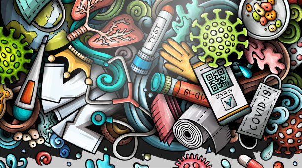 手绘冠状病毒涂鸦横幅。卡通矢量详细传单。图片下载