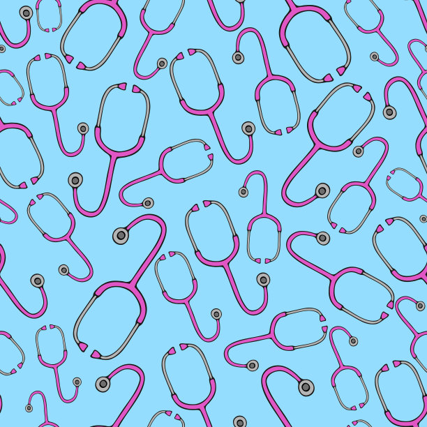 听诊器。医疗诊断设备。无缝的矢量模式。孤立的蓝色背景。重复医疗点缀。医生的工具。卡通风格。没完没了的背景。健康的话题。图片下载