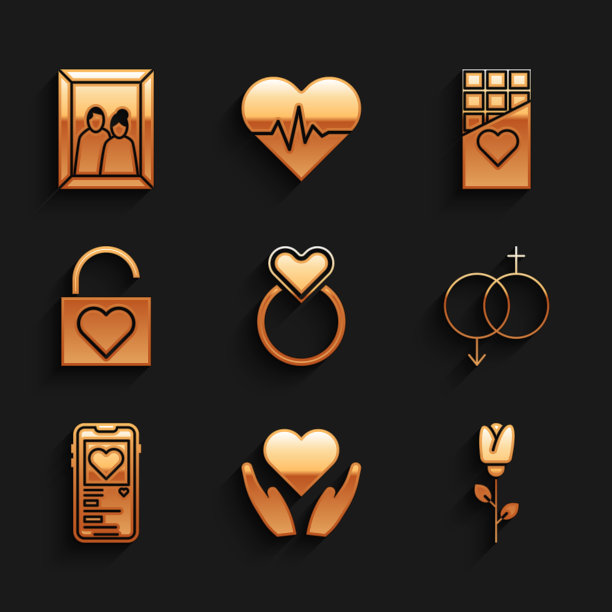 设置结婚戒指，心手，花玫瑰，性别，移动与心，锁，巧克力棒和相框图标。向量图片下载